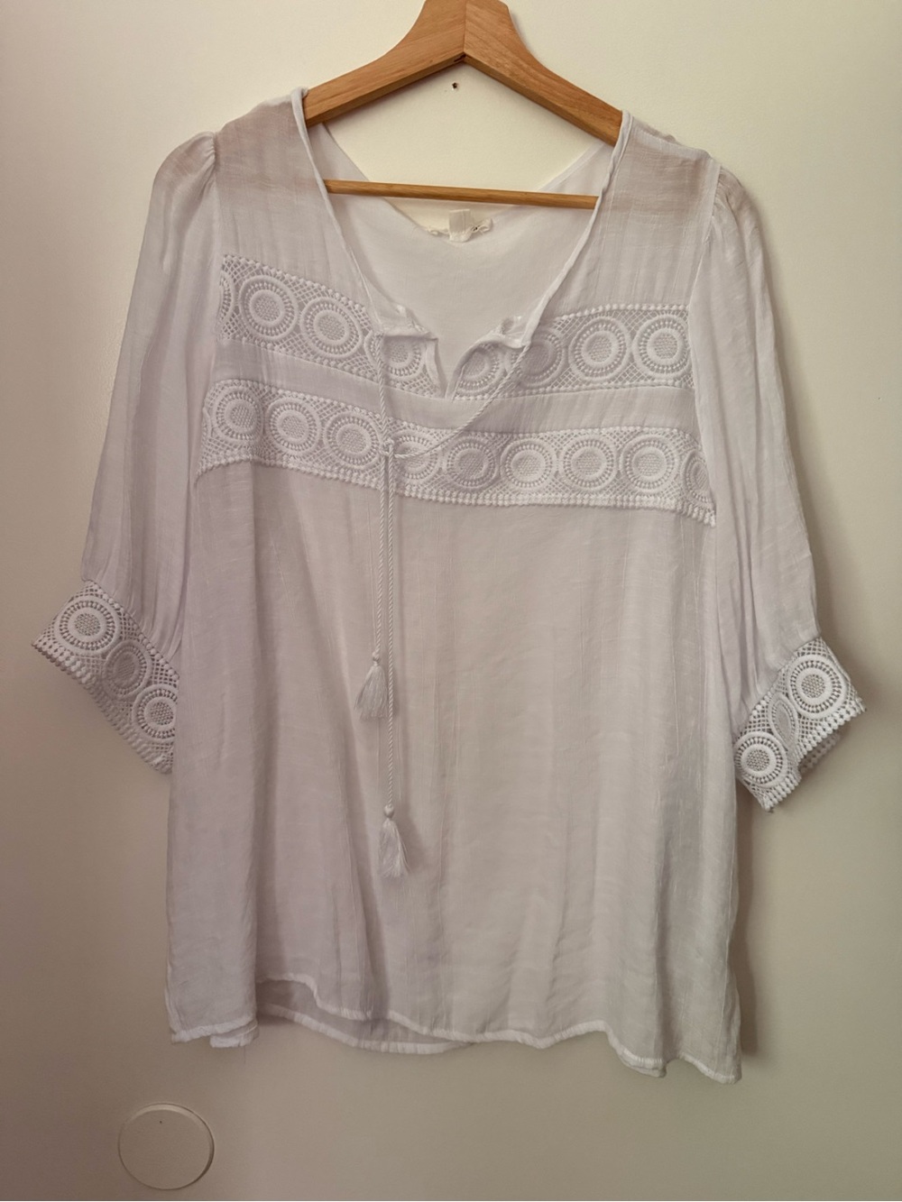White Lace-Trim Tunic Top with Tassel Tie